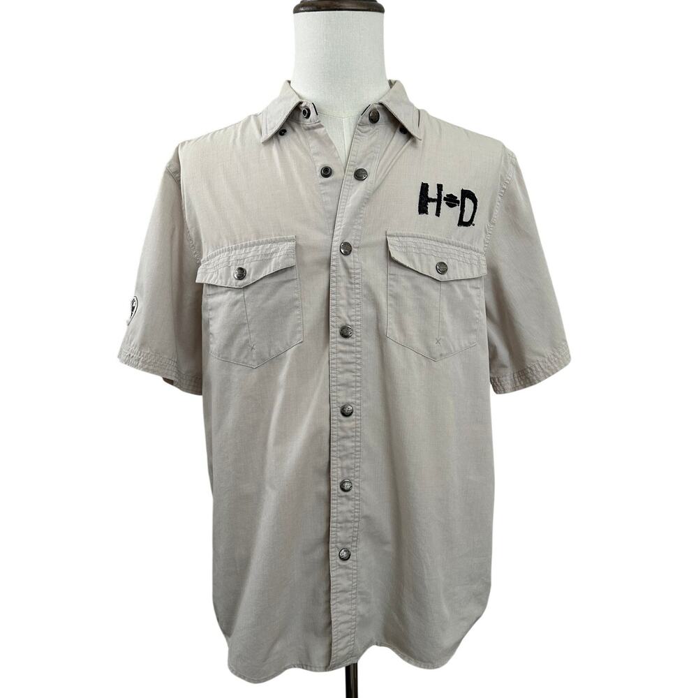 Harley-Davidson Bar & Shield Chain Stitch Khaki Work Shirt SIZE L Snap Front